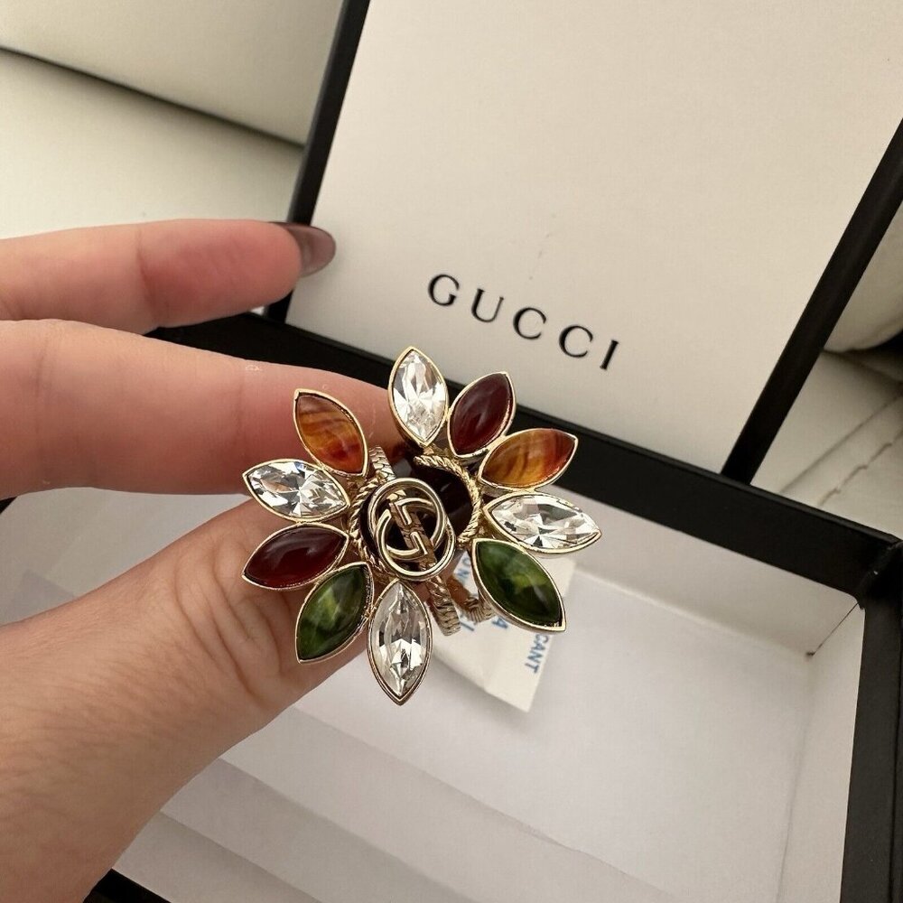 New GUCCI RING FLOWER CRYSTAL GG SIZE XS GOLDEN MULTICOLOR - Picture 2 of 8